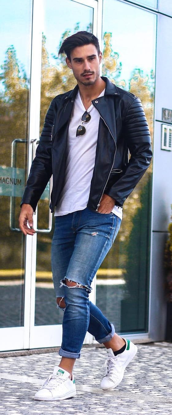 Solid Colour T-shirt + Ripped Jeans + Jacket + Sneakers-Minimalist Wardrobe Solid Colour T-shirt + Ripped Jeans + Jacket + Sneakers-Minimalist Wardrobe