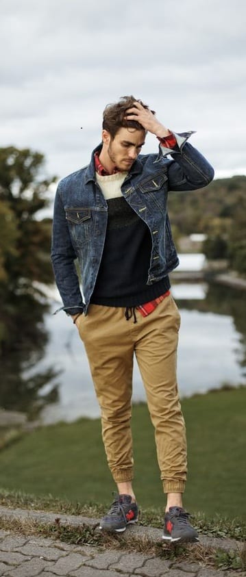 joggers and denim jacket