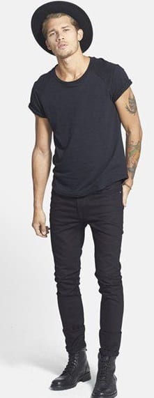 tshirt, denims, boots, hat tshirt, denims, boots, hat