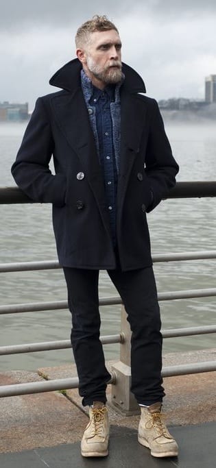 vintage pea coat, bearded man vintage pea coat, bearded man