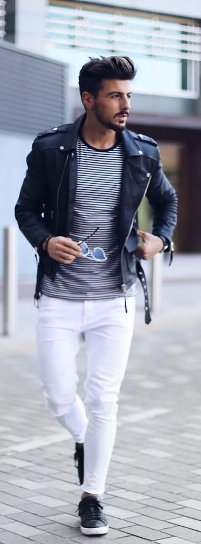 white denim with leather jacket white denim with leather jacket