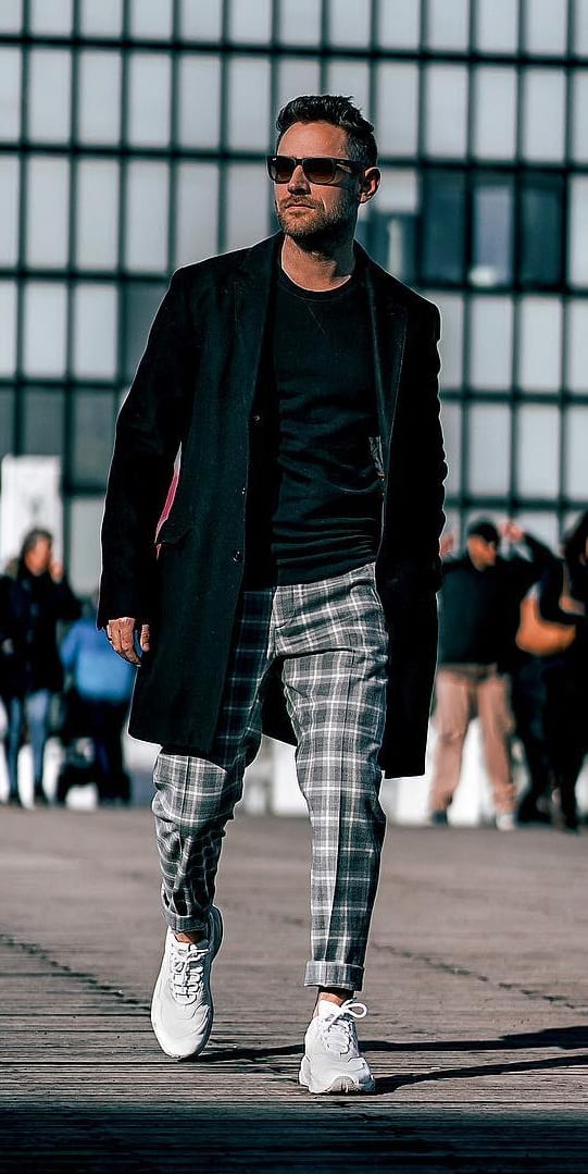 Grey plaid pant and Black overcoat outfit for men Grey plaid pant and Black overcoat outfit for men