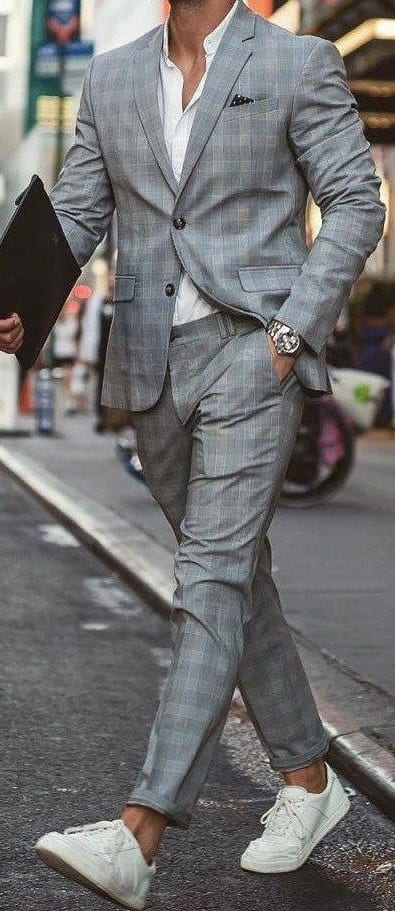 Grey plaid suit with white sneakers Grey plaid suit with white sneakers