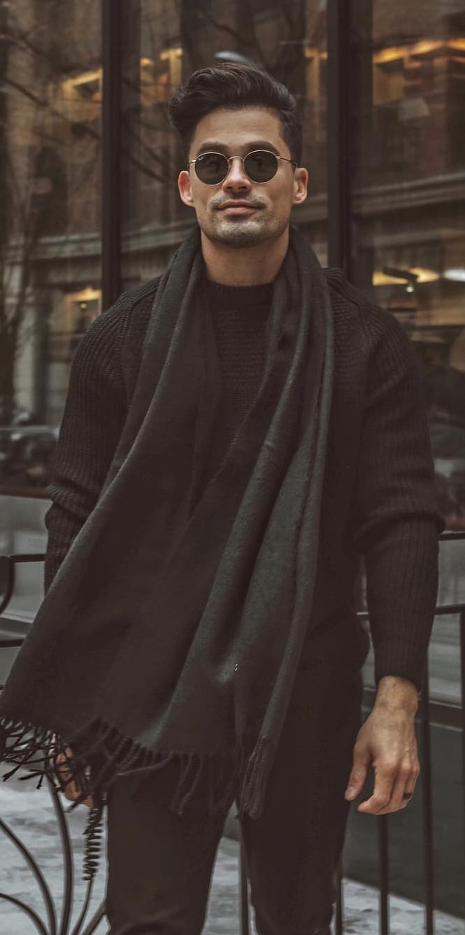 Black Scarf,Sweater and Trouser Outfit for men's Street Style Black Scarf,Sweater and Trouser Outfit for men's Street Style