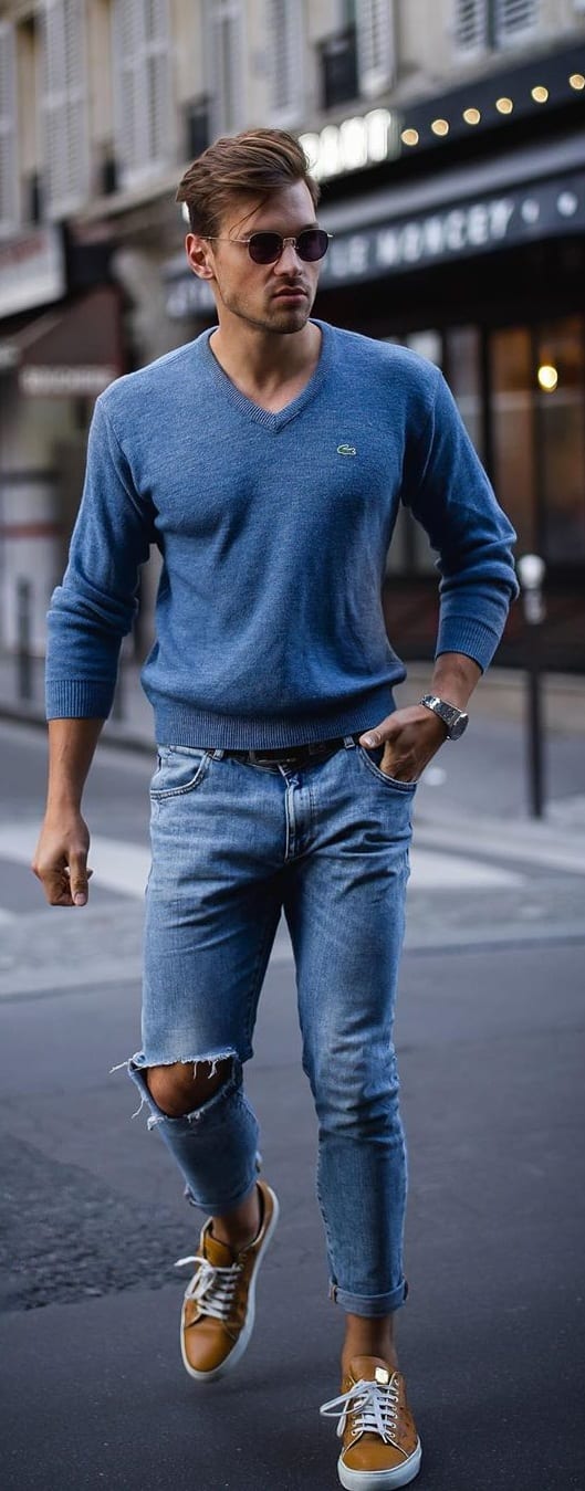 Blue Ripped Denim Jeans and Blue Sweater Casual Outfit for men Blue Ripped Denim Jeans and Blue Sweater Casual Outfit for men