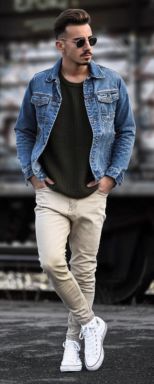 Denim Jacket, Black T-shirt and Chinos Outfit for men Denim Jacket, Black T-shirt and Chinos Outfit for men