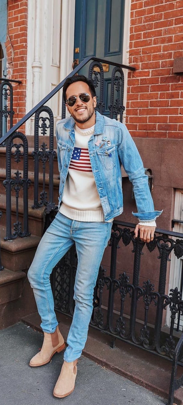 Denim Jacket, Denim Jeans and Sweatshirt Outfit For Men's Street Style Denim Jacket, Denim Jeans and Sweatshirt Outfit For Men's Street Style
