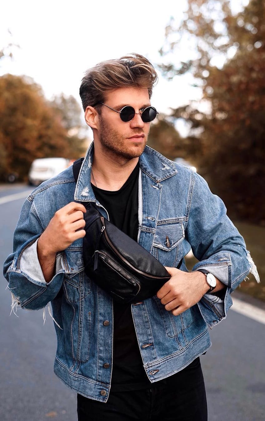 Denim Jacket Outfit with a Fanny Pack For Men's Street style Denim Jacket Outfit with a Fanny Pack For Men's Street style