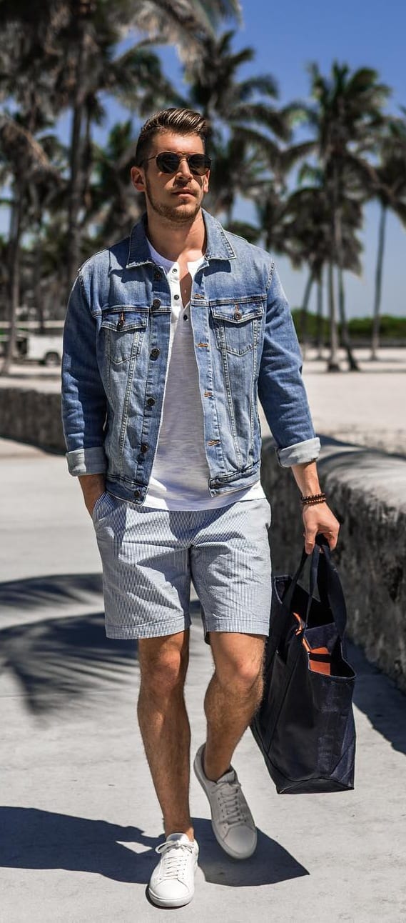 Denim Jacket with Cotton Shorts and White Undershirt Outfit for men Denim Jacket with Cotton Shorts and White Undershirt Outfit for men