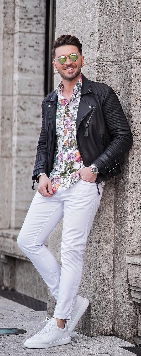 Floral Print Undershirt with Jacket Outfit for Mens Street Style Floral Print Undershirt with Jacket Outfit for Mens Street Style