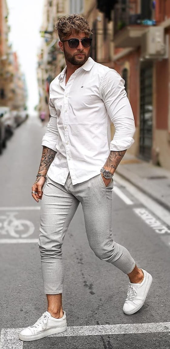 Grey Cropped Trousers and White T-shirt Men's Street Style Outfit Grey Cropped Trousers and White T-shirt Men's Street Style Outfit