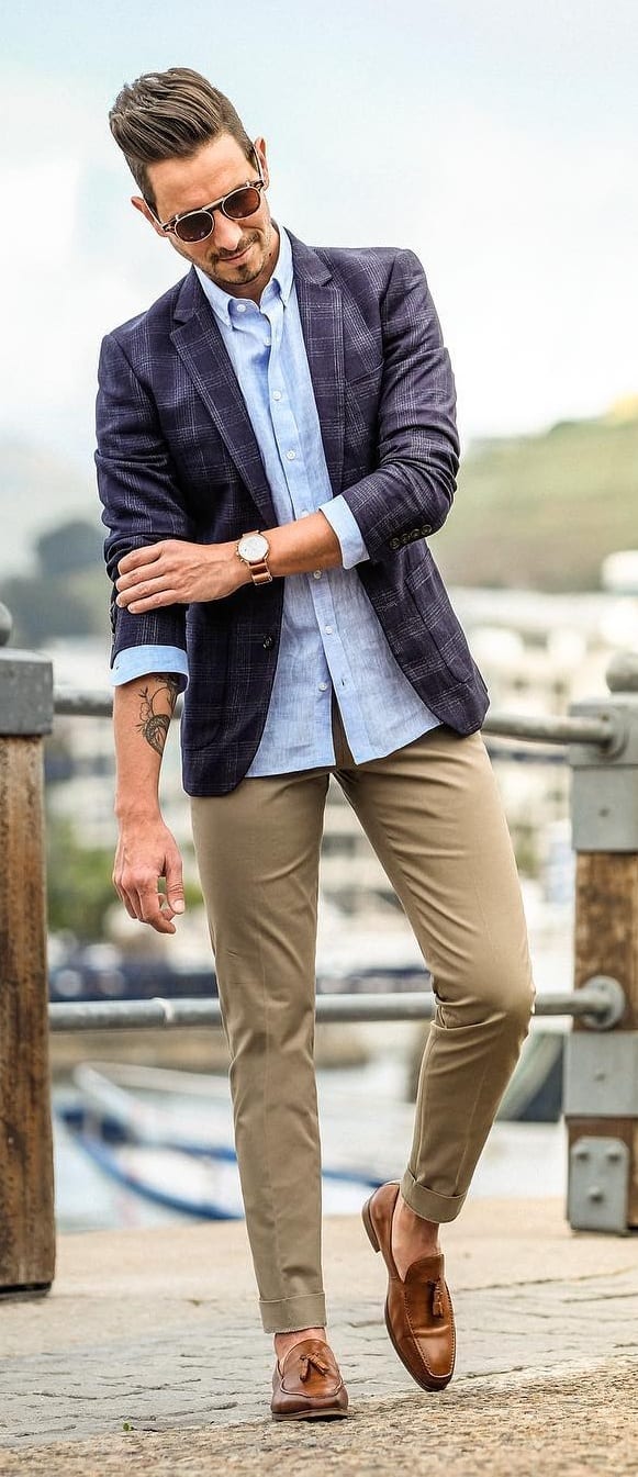 Linen Undershirt with Blue Jacket Outfits for men's street style Linen Undershirt with Blue Jacket Outfits for men's street style