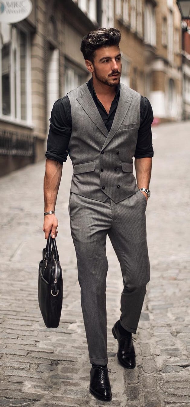 Black Shirt with Grey Waistcoat and Trousers Black Shirt with Grey Waistcoat and Trousers