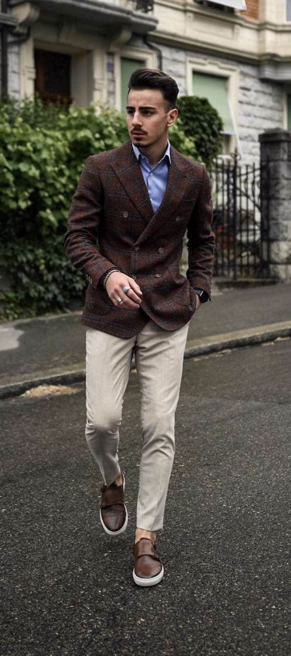 Brown Blazer and Cream Trousers work wear outfit for men Brown Blazer and Cream Trousers work wear outfit for men