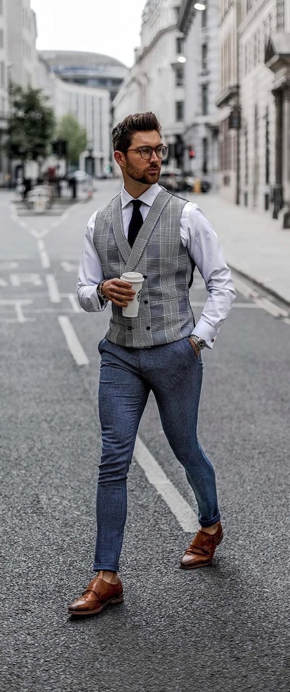 White Shirt, Grey Waistcoat, Tie and Blue Pant formal style for men White Shirt, Grey Waistcoat, Tie and Blue Pant formal style for men