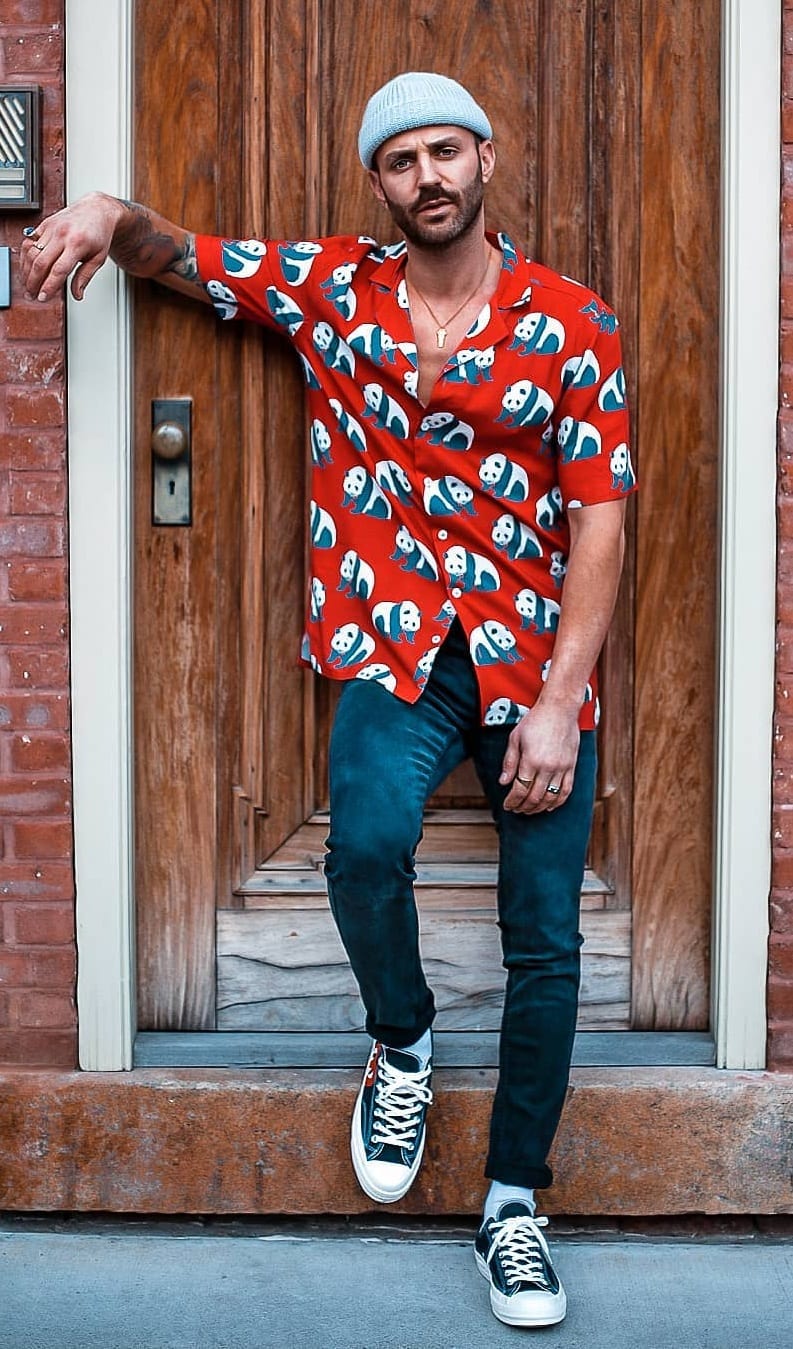 Panda Printed Red Shirt Outfit for Men's Street Style Panda Printed Red Shirt Outfit for Men's Street Style