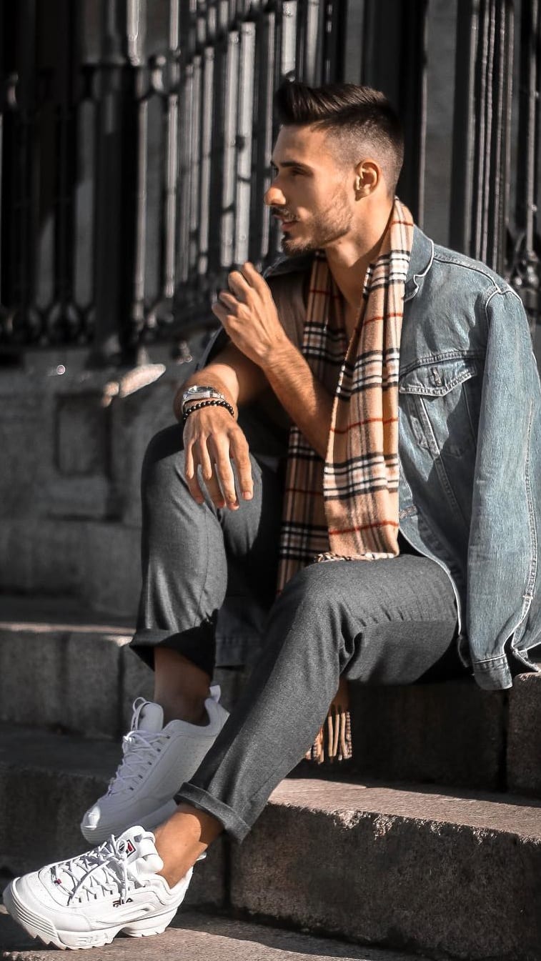 Scarf, White Sneakers,Casual Outfit for men's street style Scarf, White Sneakers,Casual Outfit for men's street style