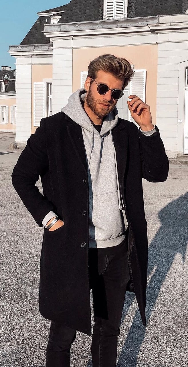 Black Overcoat, Hoodie and Tee Outfit Black Overcoat, Hoodie and Tee Outfit