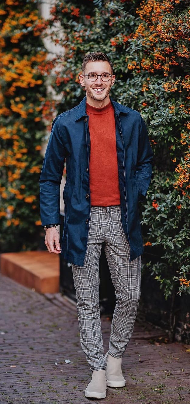 Blue Jacket, Red Turtleneck Shirt and Plaid Trousers Outfit idea for Autumn Blue Jacket, Red Turtleneck Shirt and Plaid Trousers Outfit idea for Autumn