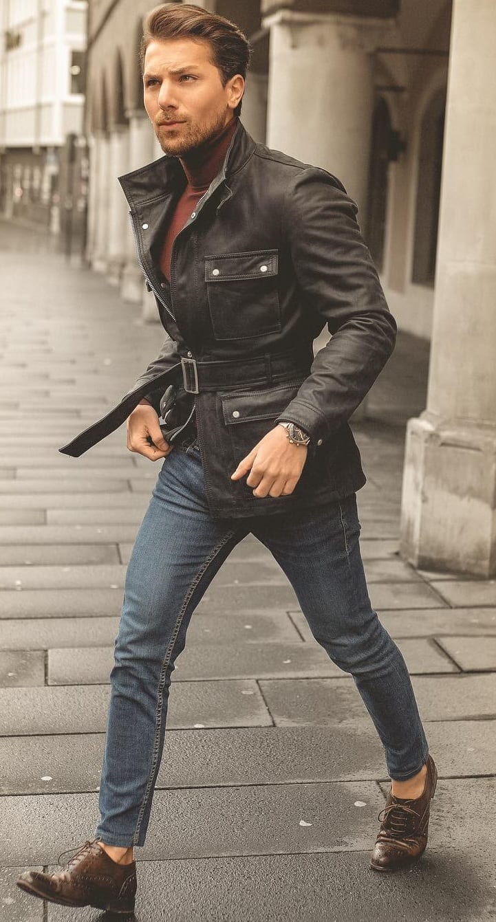Brown Turtleneck and Leather Jacket Outfit for Fall Brown Turtleneck and Leather Jacket Outfit for Fall