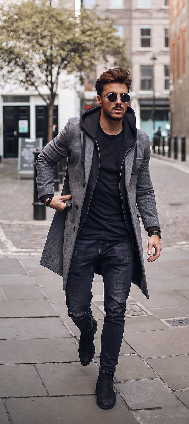 Grey Overcoat, hoodie and undershirt for men's autumn outfit Grey Overcoat, hoodie and undershirt for men's autumn outfit