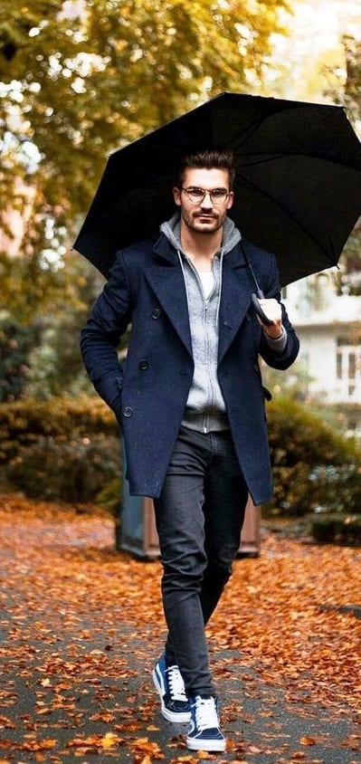 Hoodie, Overcoat, Jeans Outfit with an umbrella for Fall Hoodie, Overcoat, Jeans Outfit with an umbrella for Fall
