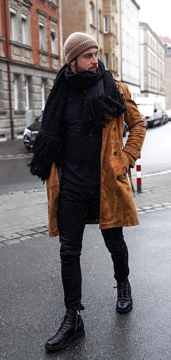 Mustard Overcoat, Scarf and Beanie for Mens Fall Clothing Mustard Overcoat, Scarf and Beanie for Mens Fall Clothing
