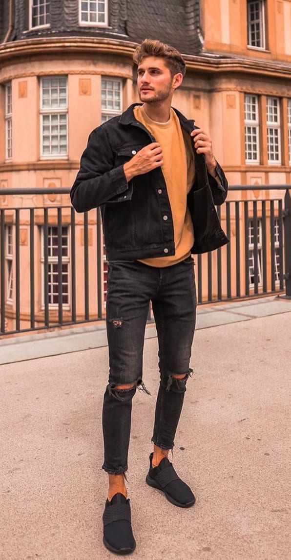 Mustard Sweatshirt,Denim Jacket and Denim jeans Outfit for fall Mustard Sweatshirt,Denim Jacket and Denim jeans Outfit for fall