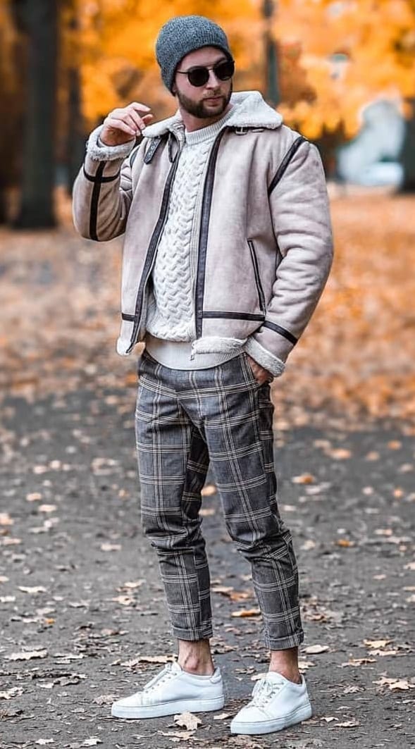 Plaid Trousers, Jacket and Sweatshirt look for fall Plaid Trousers, Jacket and Sweatshirt look for fall