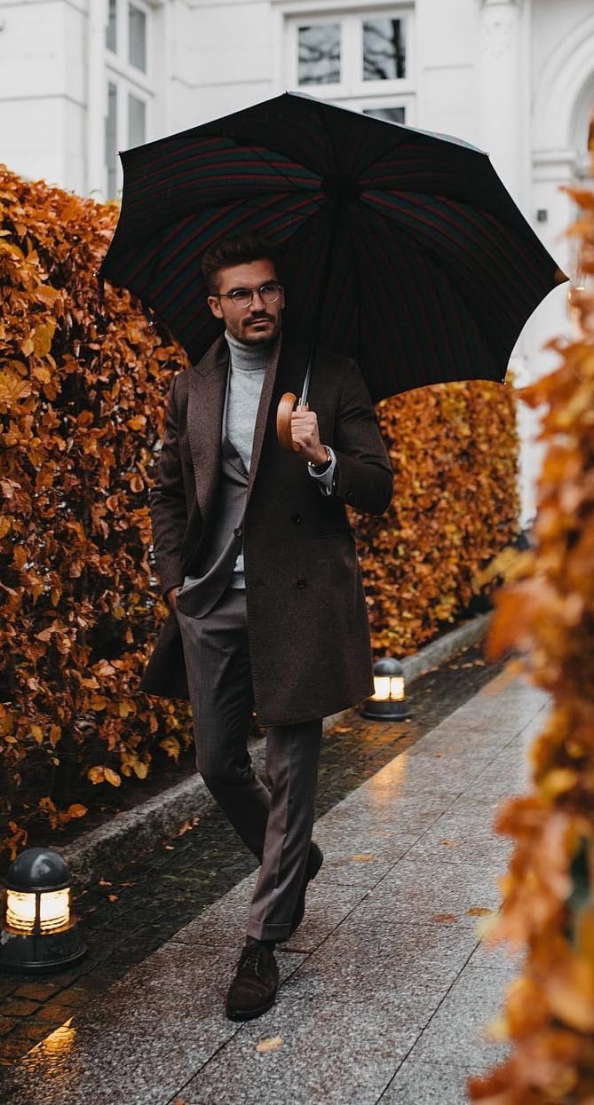 Turtleneck and Overcoat Outfit along with an umbrella for fall season Turtleneck and Overcoat Outfit along with an umbrella for fall season