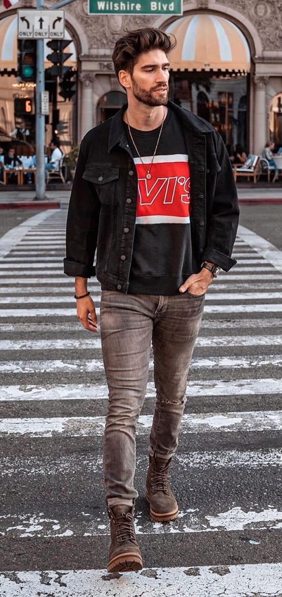 Black Top- Shirt and Jacket with Grey Denims and Boots Black Top- Shirt and Jacket with Grey Denims and Boots