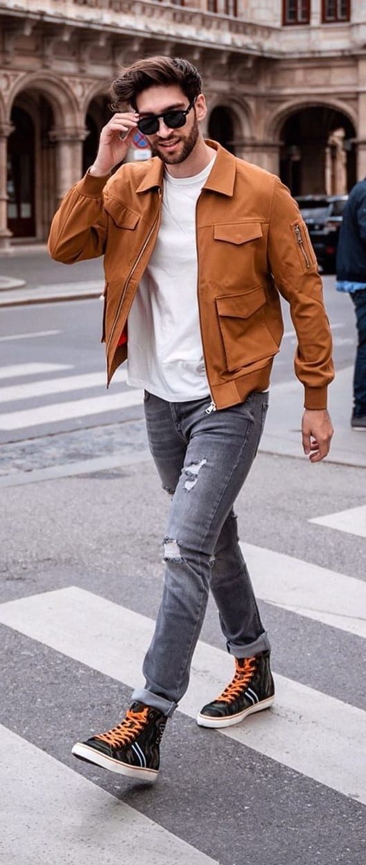 Camel Brown Jacket, White Tee, Jeans and Boots Camel Brown Jacket, White Tee, Jeans and Boots