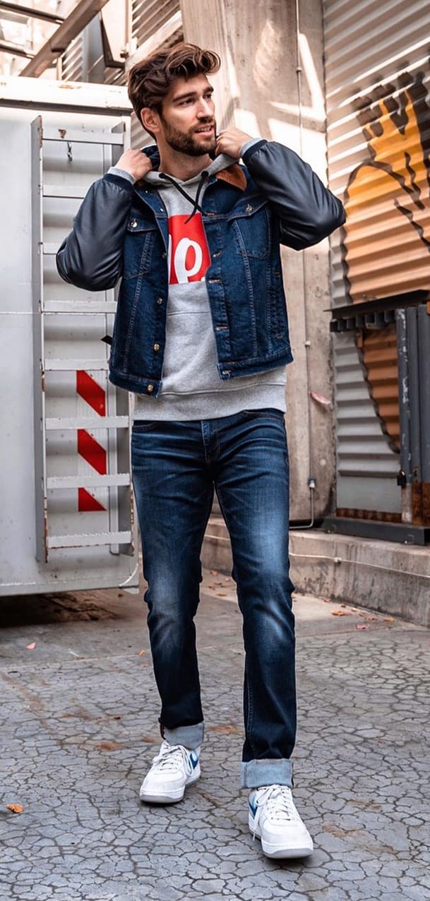 Denim Jacket, Hoodie and Denim Jeans Outfit for Men Denim Jacket, Hoodie and Denim Jeans Outfit for Men