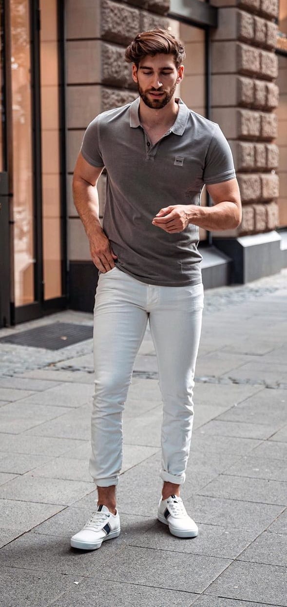 Grey Polo T-shirt and White Pants Outfit For Men Grey Polo T-shirt and White Pants Outfit For Men