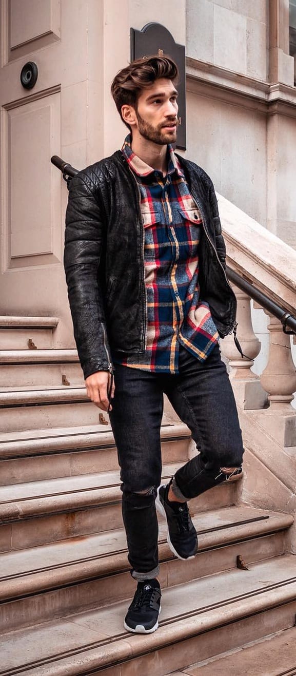 Leather Jacket, Checkered Shirt and Ripped Denim Outfit Leather Jacket, Checkered Shirt and Ripped Denim Outfit