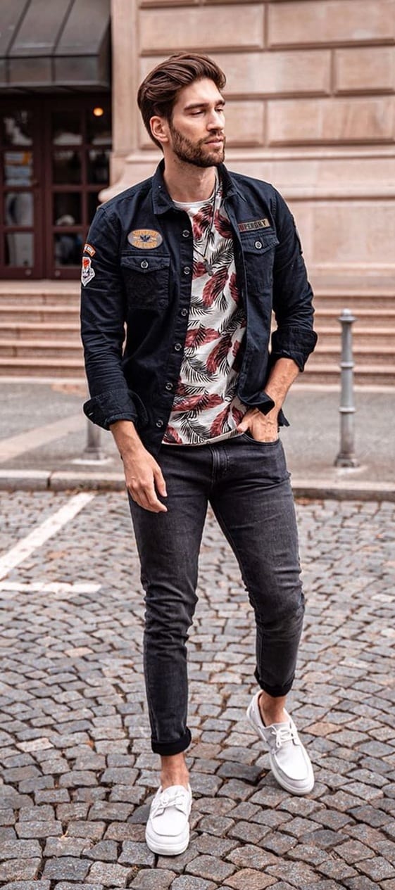 Patch Denim Jacket, Printed T-shirt and Denims Patch Denim Jacket, Printed T-shirt and Denims