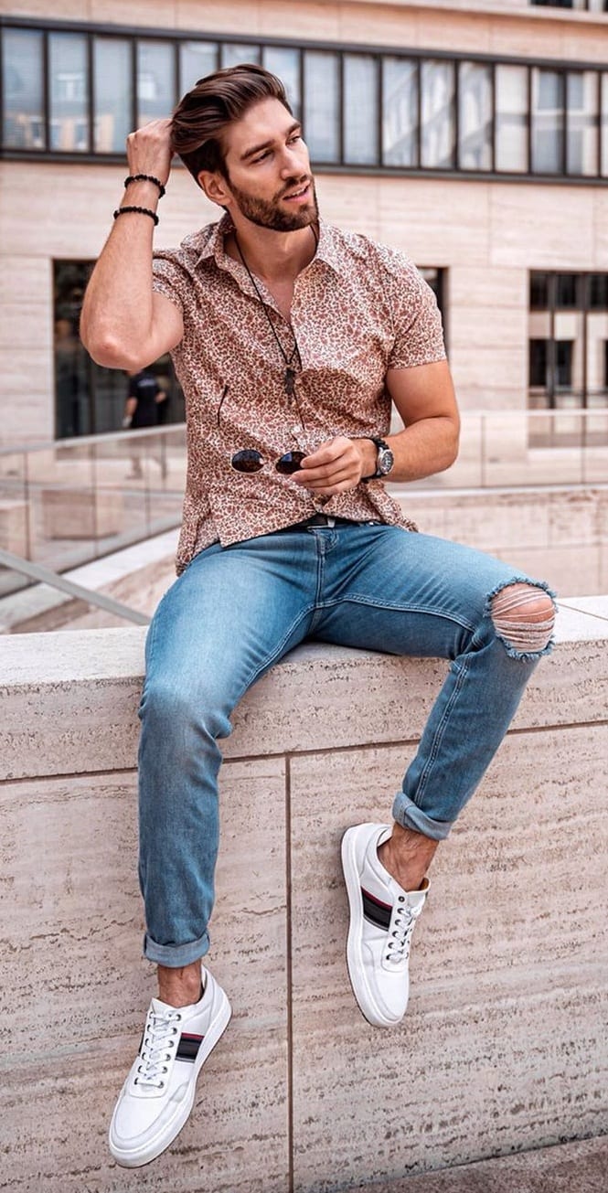 Printed Shirt and Blue Ripped Denims Printed Shirt and Blue Ripped Denims