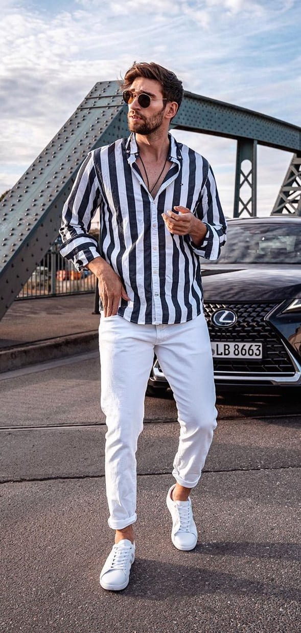 Striped Shirt And White Pants paired with White Sneakers Striped Shirt And White Pants paired with White Sneakers