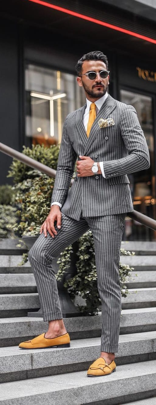Grey Striped Suit Mens Outfit Grey Striped Suit Mens Outfit