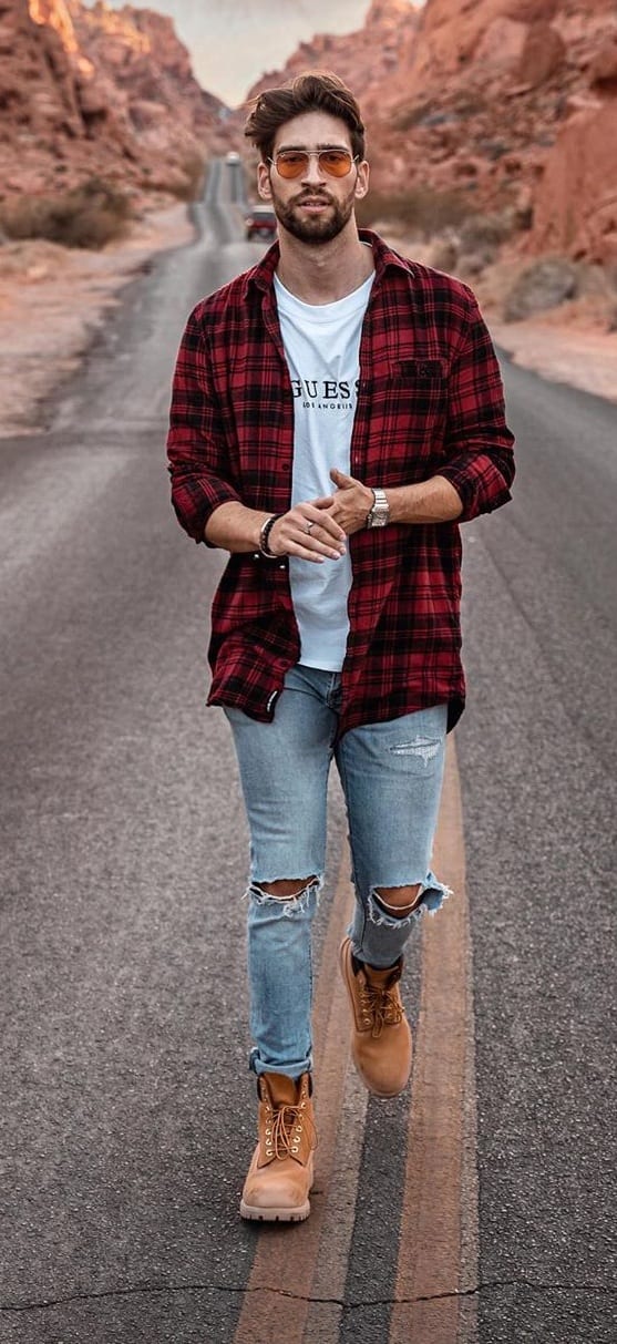 White Undershirt, Checkered Shirt Jacket with Ripped Denims White Undershirt, Checkered Shirt Jacket with Ripped Denims