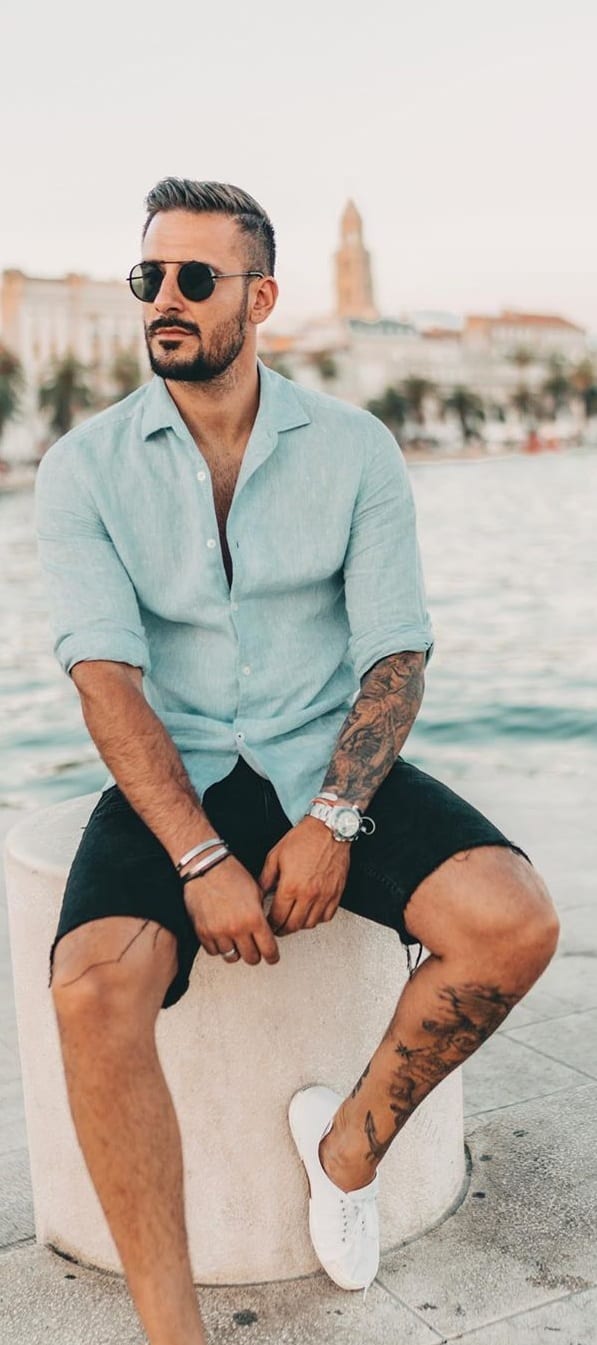 Black-Denim-Shorts-and-Blue-Lenin-Shirt Black-Denim-Shorts-and-Blue-Lenin-Shirt