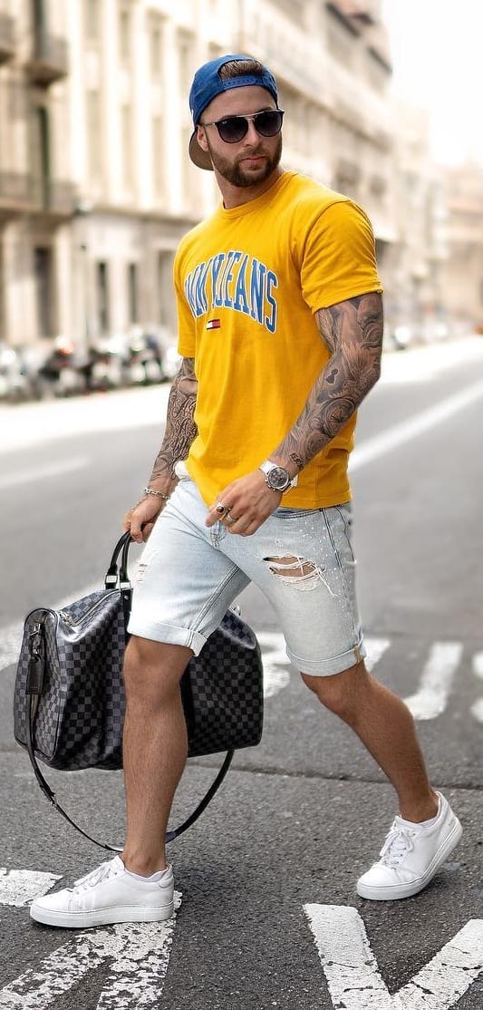 Blue-Ripped-Denim-Shorts-and-Yellow-T-shirt Red-shorts-White-Tee-and-Blazer