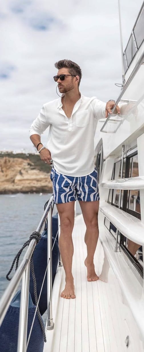Blue-Shorts-and-White-Linen-t-shirt Blue-Shorts-and-White-Linen-t-shirt