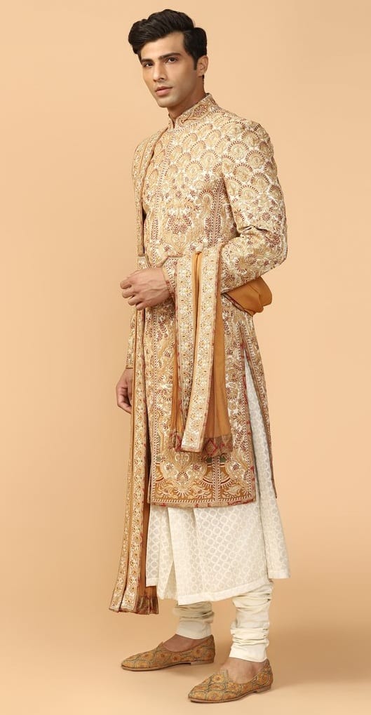Embroidered Sherwani With Kurta, Churidar, Stole & Kamarbandh Embroidered Sherwani With Kurta, Churidar, Stole & Kamarbandh