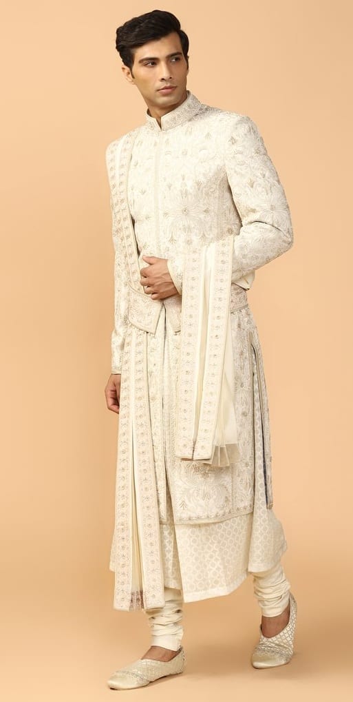 Embroidered White Sherwani With Kurta, Churidar, Stole & Kamarbandh Embroidered White Sherwani With Kurta, Churidar, Stole & Kamarbandh