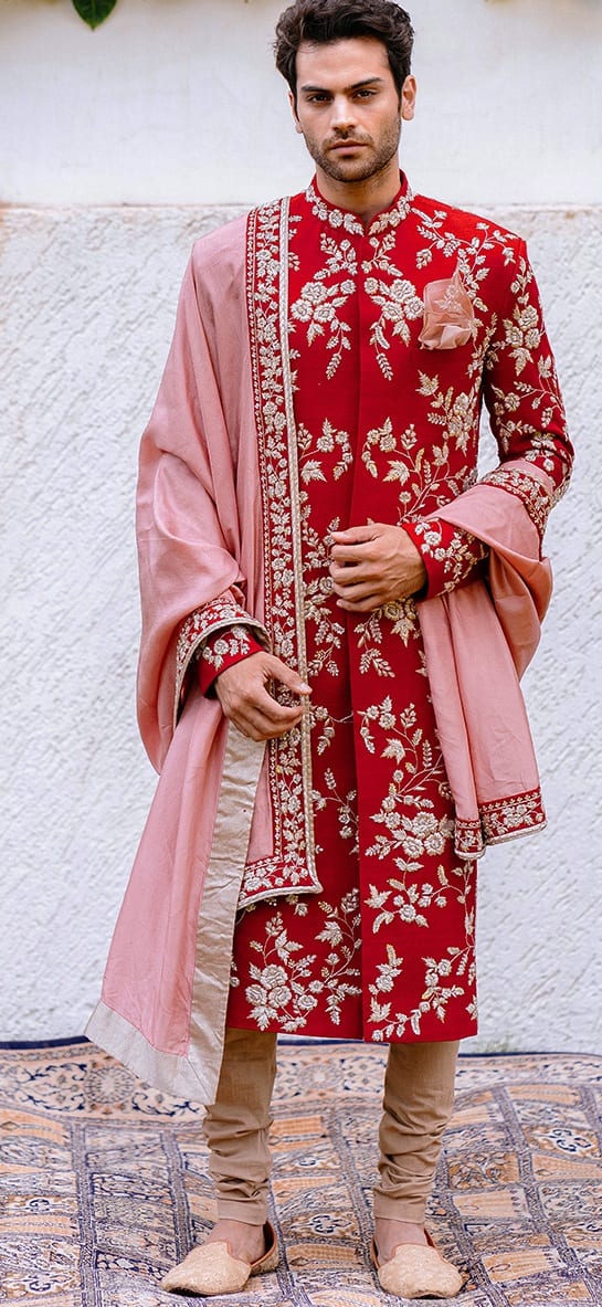Red Sherwani with Pink Duppata for Indian Groom Red Sherwani with Pink Duppata for Indian Groom