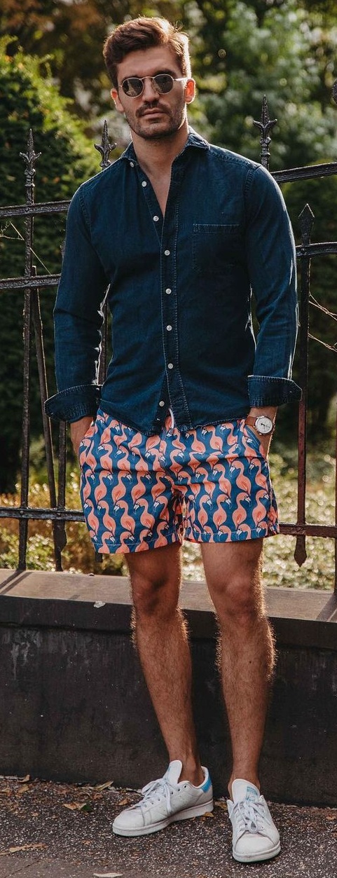 Denim Shirt and Printed Shorts Outfit for Men Denim Shirt and Printed Shorts Outfit for Men
