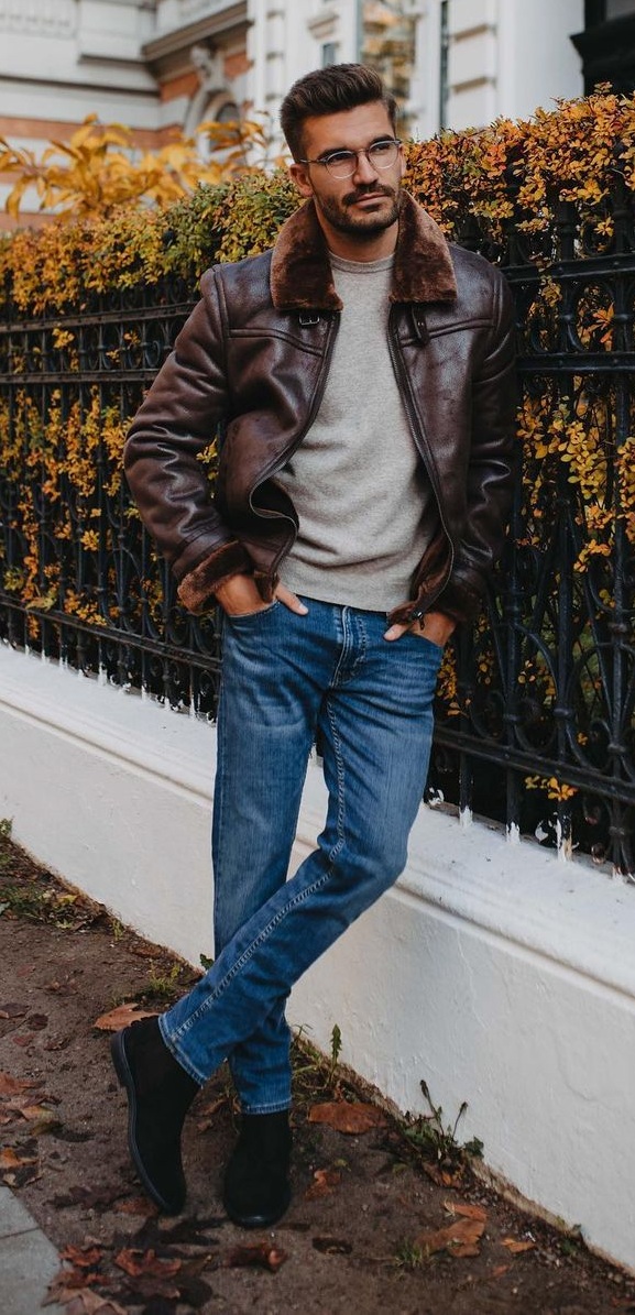 Basic Fall Outfit- Leather Jacket- Sweater- Denim Jeans Basic Fall Outfit- Leather Jacket- Sweater- Denim Jeans
