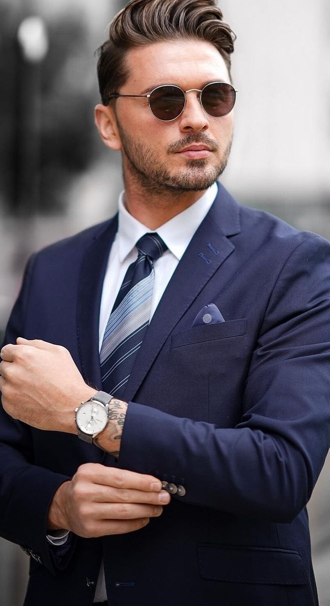 Blue Suit Outfit- Patterned Tie- Stylish Watch- Mens Outfit Blue Suit Outfit- Patterned Tie- Stylish Watch- Mens Outfit