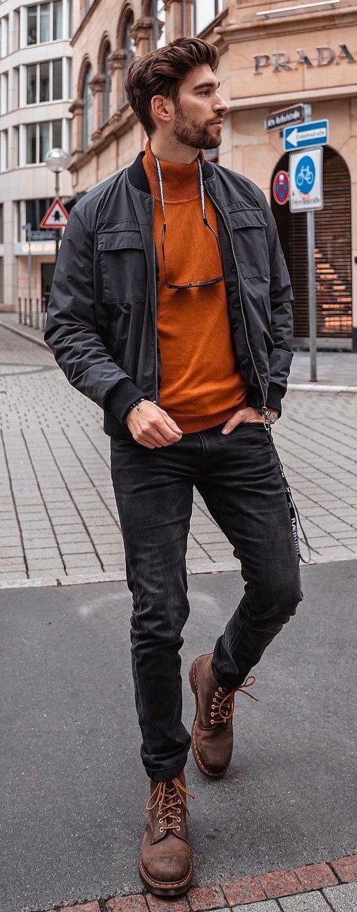 Bomber Jacket- Orange Sweater-Denims-Boots-For Fall Bomber Jacket- Orange Sweater-Denims-Boots-For Fall